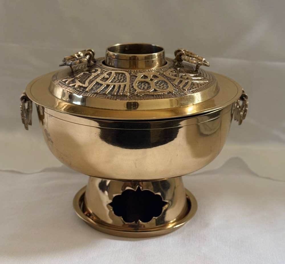 Vintage Korean Brass Sinseollo Hot Pot Brazier Charcoal Steamer Complete Set